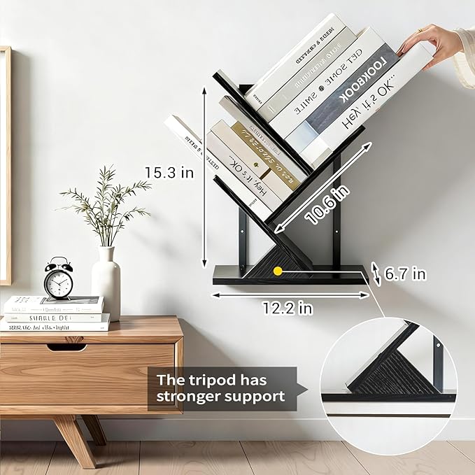 3 Tier Small Tree Bookshelf Black Floating Book Shelves for Wall, Unique Hanging Bookshelf Small for CDs/Magazine/Books Display, Desktop shelf Floor Standing Mini Bookcase for Bedroom, Living Room