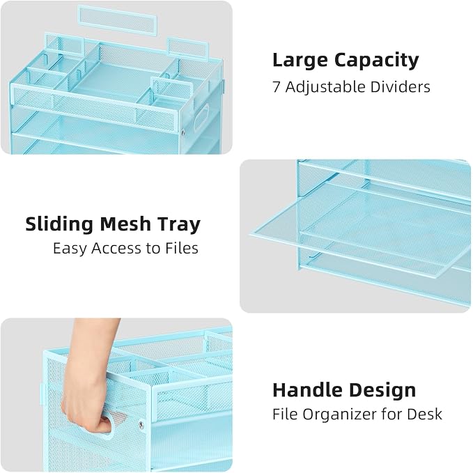 Marbrasse 5 Tier Paper Organizer Letter Tray, Mesh Desk File Organizer with Handle, Paper Sorter Desk Organizer for Home Office Supplies - Blue, Adjustable