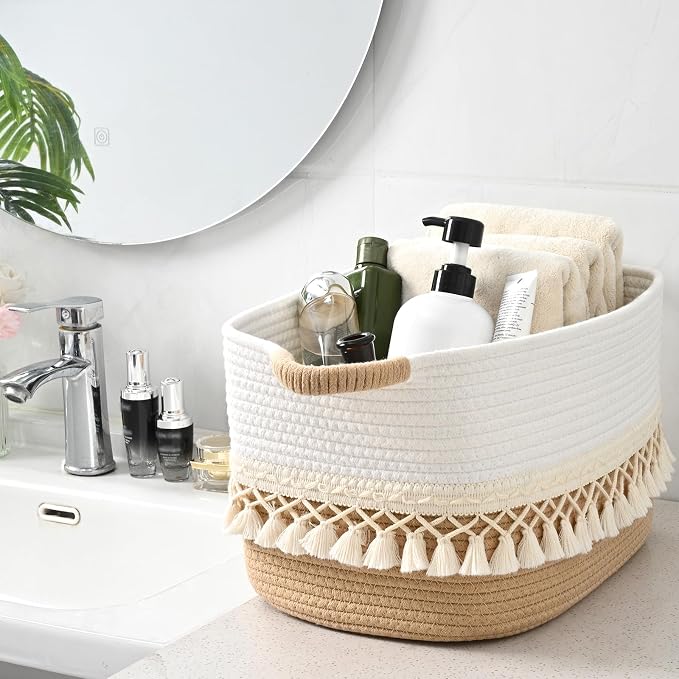 3 Pack Storage Basket for Shelves, Boho Cotton Rope Storage Bins with Heavy Tassel, Shelf Baskets Large Woven Baskets for Organizing, Cube Organizer Bins, Baby Laundry Basket for Clothes, Toys, Pets