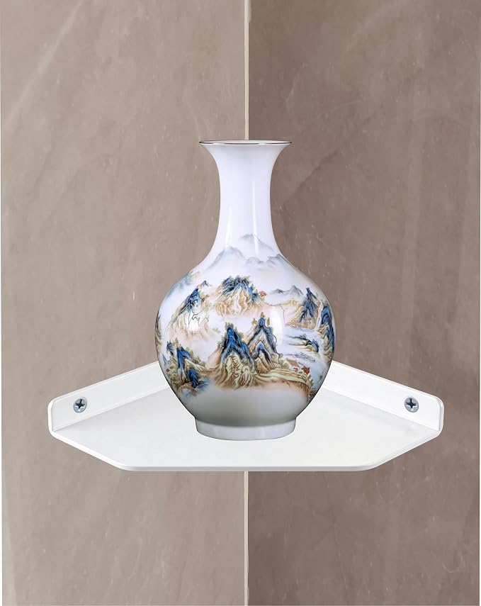 8 Inch White Floating Corner Shelf Wall Mounted, Triangle Wall Shelf for Kitchen, Speakers, Wine, Trophies & Decor