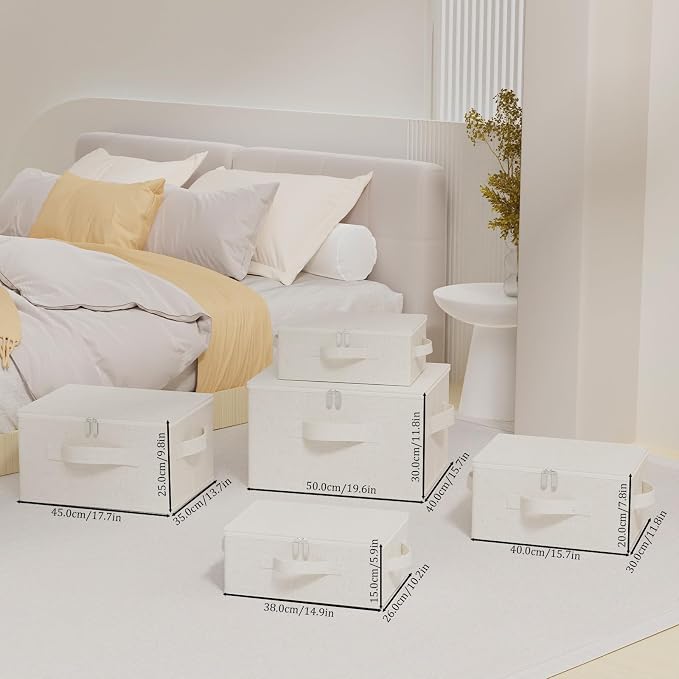 Underbed Storage Box with Lid, Foldable Clothes Organizers, Home Organising Baskets for Clothes, Shoes, Blankets, Pillows, 14.9x10.2x5.9Inches, Beige, 2 Pack