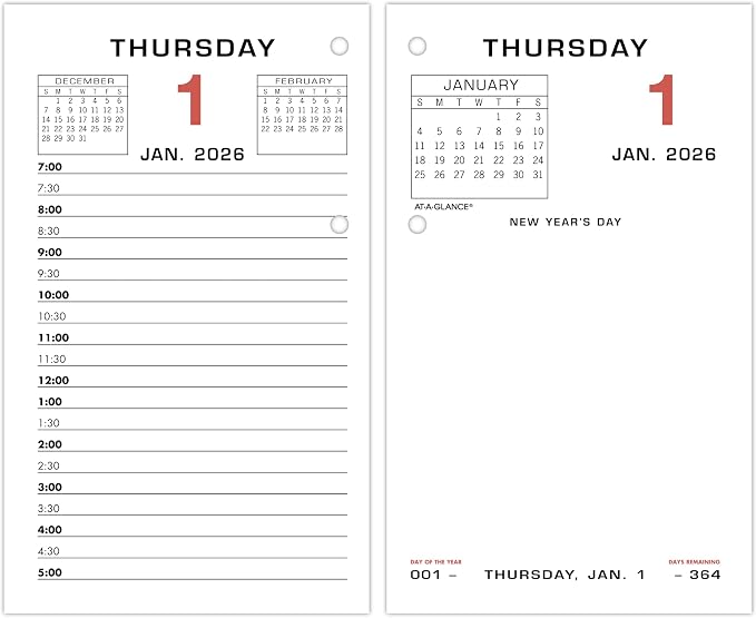 AT-A-GLANCE 2026 Desk Calendar Refill, Daily, 3-1/2" x 6", Standard, Loose-Leaf (E0175026)