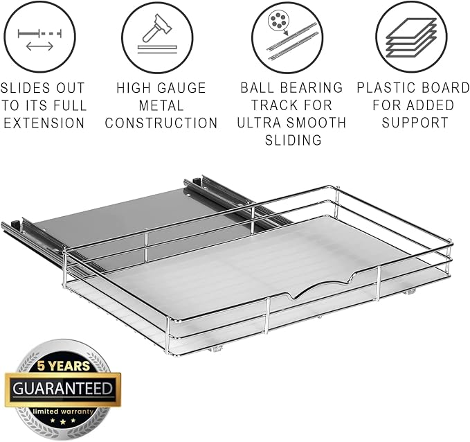 Pull-Out Cabinet Spice Rack Organizer, 18 ⅜"W x 10 ½"D x 2 ¾"H | Slim Slide-Out Storage for Spices, Bottles & Jars, Premium Heavy-Duty Steel, Easy Install for Narrow Kitchen Cabinets, Chrome