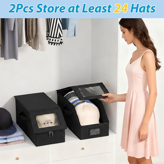 Hat Storage for Caps, 2-Pack Stackable Hat Organizer Boxes, Black | Sturdy snapback hat organizer holds up to 24 caps. Clear window design. Space-saving stackable storage box for closet.