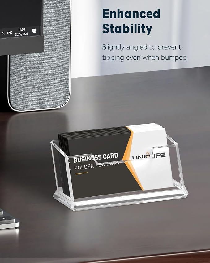 Uniclife 2 Pack Acrylic Business Card Holder for Desk 1 Slot Clear Business Card Display Stand for Men & Women Desktop Business Card Organizer Card Stand for Office Home Exhibition, 60 Card Capacity