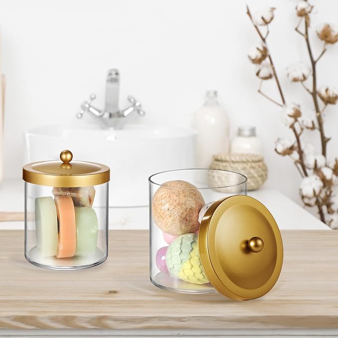 Amolliar 50 Oz Apothecary Jar - 2 Pack Clear Container with Stainless Steel Lid, Plastic Jar for Laundry Room Organization & Pods Storage, Bathroom Vanity Organizer, Kitchen Countertop Decor (Gold)