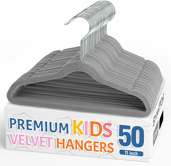 Smartor Premium 11 Inch Baby Hangers 50 Pack, Kids Velvet Hanger, Non Slip | Grey Space Saving Felt Hangers Clothes Organizers for Closet with 360° Swivel Hook for Children, Infant & Toddler