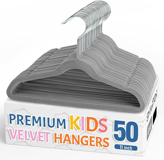 Smartor Premium 11 Inch Baby Hangers 50 Pack, Kids Velvet Hanger, Non Slip | Grey Space Saving Felt Hangers Clothes Organizers for Closet with 360° Swivel Hook for Children, Infant & Toddler