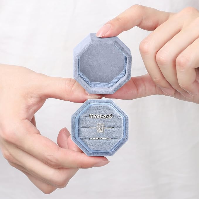WantGor Velvet Ring Box, 3 Slots Jewelry Ring Gift Box Vintage Ring Holder | Ring Display Case for Wedding Ceremony Proposal Engagement (Blue)