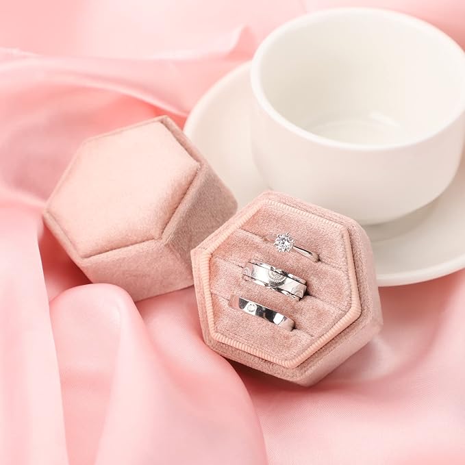 WantGor Velvet Jewelry Ring Box, 3 Slots Hexagon Ring Gift Box Ring Holder | Vintage Ring Display Case for Wedding Ceremony Proposal Engagement (Blush Peach, 3 Slots)