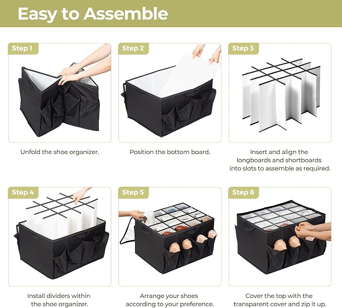 Fabric Shoe Organizer for Closet, Fits up to 24 Pairs, Foldable Shoe Storage Bin Containers with Adjustable Dividers and Clear Cover, Black, 1 Pack