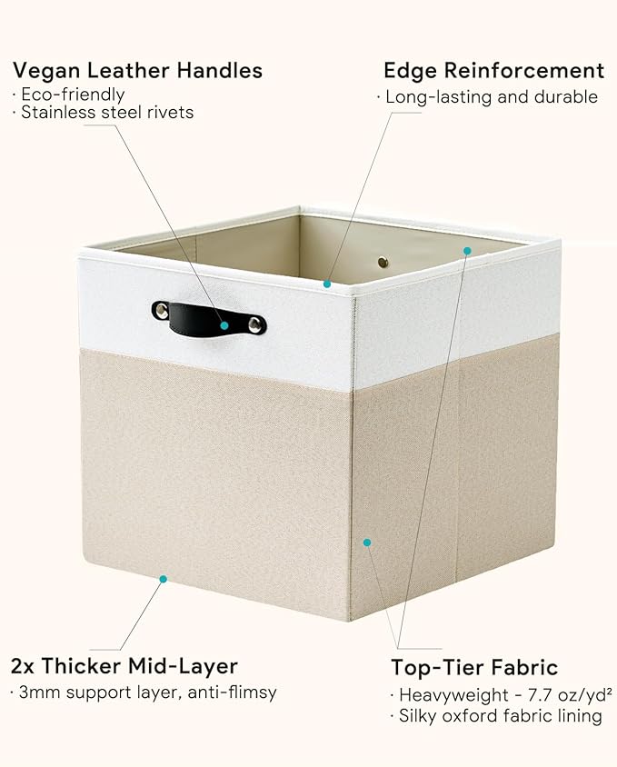 Cube Storage Bins | 11.8"x11.8"x9.8", Beige & White, 6 Pack | Multi-Size | 2X Thick Support Board | Vegan Leather Handles | 7.7 oz/yd² Fabric | 12"x12" Drawer Insert Basket