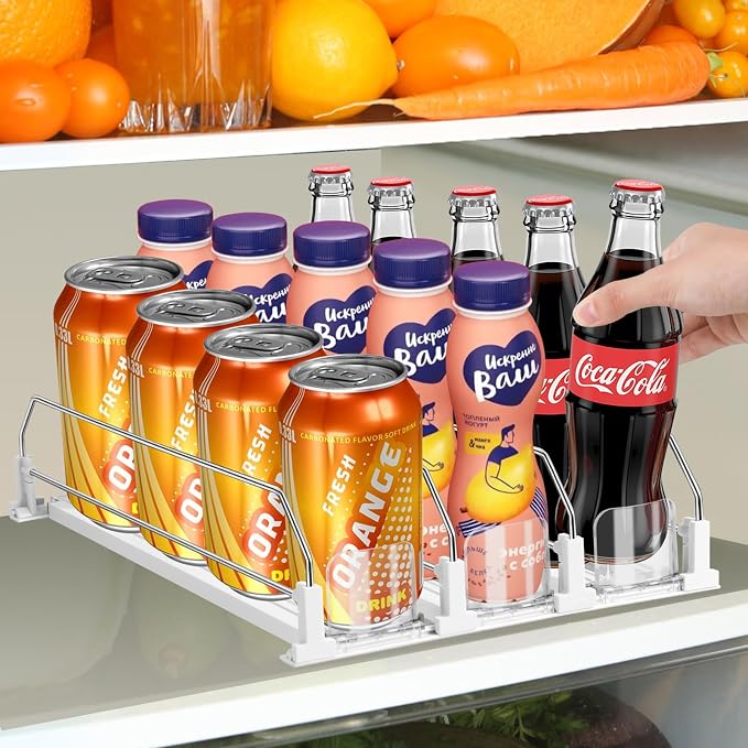 hanmir Drink Organizer for Fridge, Adjustable Width Soda Can Dispenser for Refrigerator Organizers and Storage, 3 Rows Beer Bottle Beverage Holder with Pusher Glide (14.96" D, White)