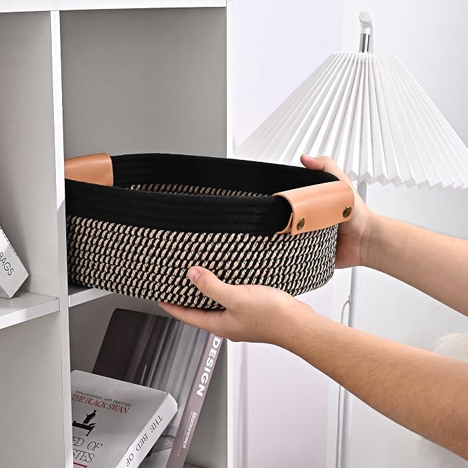Storage Baskets for Organizing, Small Woven Basket Set of 6-4 Shelf Basket with Leather Handle and 2 Small Gift Baskets, Cotton Rope Basket for Shelves, Nursery, Dog Toy, Bathroom