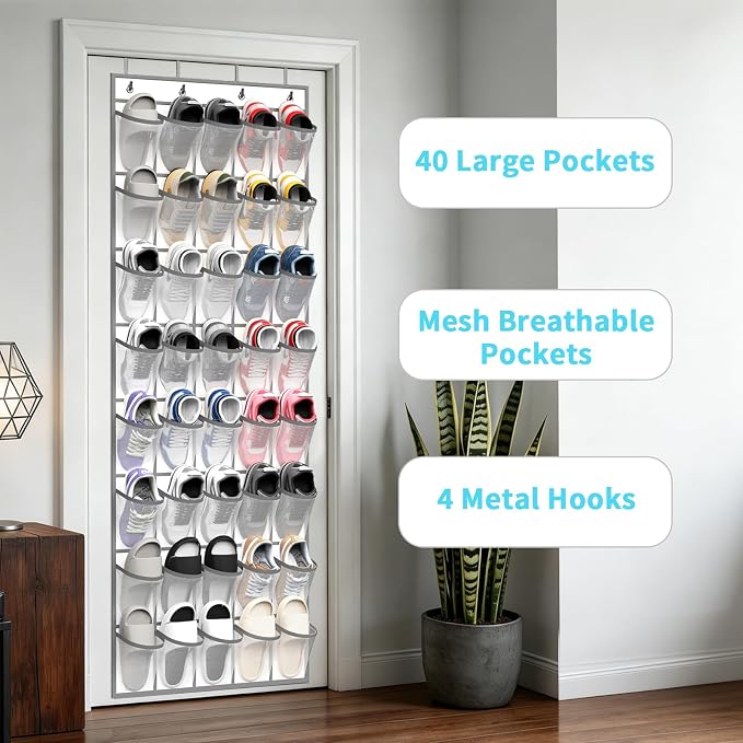 SAVERHO 40 Large Pockets Over the Door Shoe Organizer,Space-Saving Mesh Hanging Shoe Rack for Door Shoe Holder, Large Size 76.4" x 27.5" Ideal for Closet & Door Storage (White, 40 Pockets)