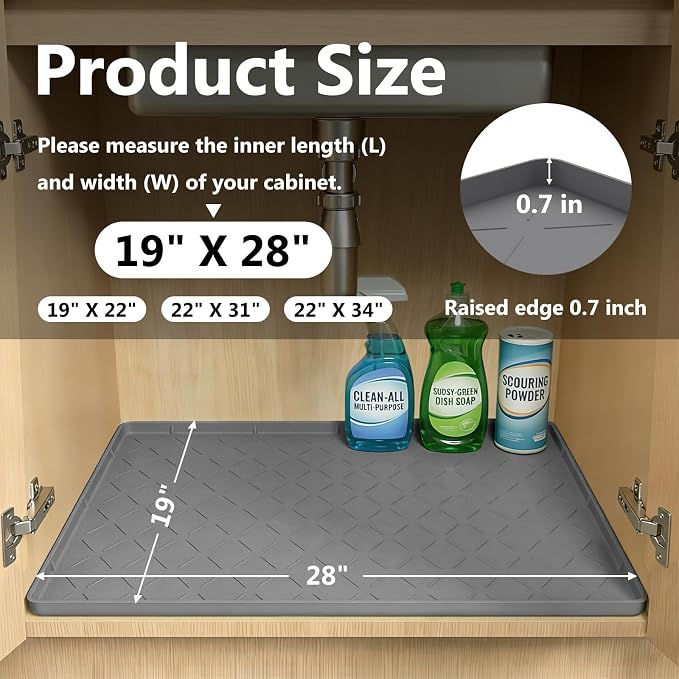 Mateeylife Under Sink Mats for Kitchen Waterproof 28"X19", Undersink Protectors，Silicone Mat Cabinet Liner, Under Sink Organizer for Bathroom and Kitchen，Boot Tray Pet Food Mat, Dark Grey