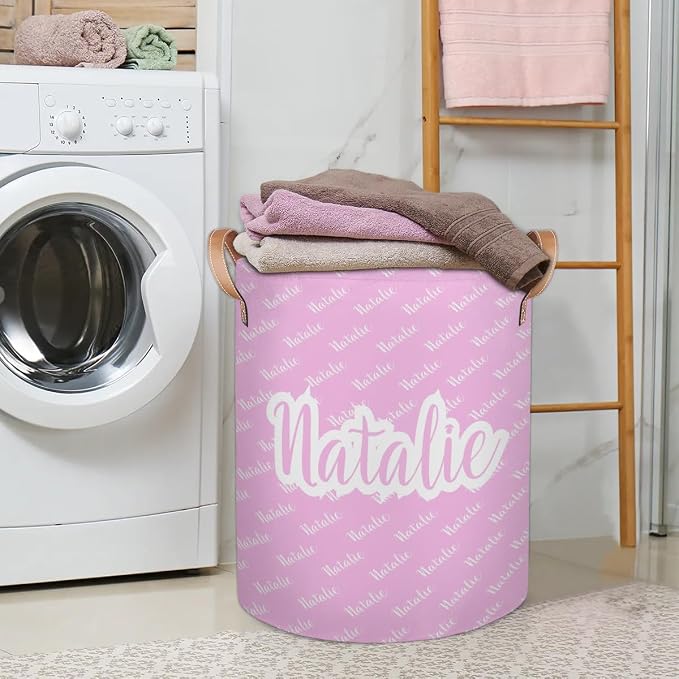 Personalized Laundry Basket, Custom Gift Laundry Hamper, Collapsible Nursery Waterproof Laundry Baskets, Dirty Clothes Toy Hamper with Handles Name Pink