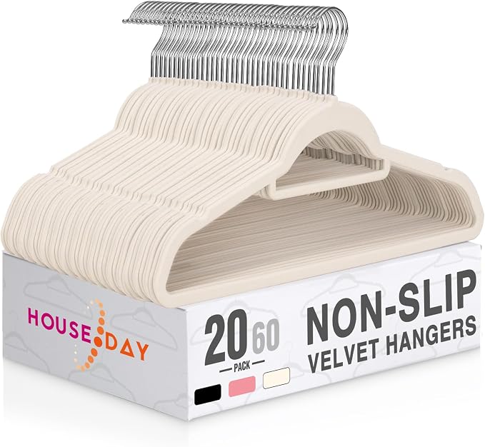 HOUSE DAY Velvet Hangers with Tie Bar 20 Pack, Non-Slip Clothes Hanger | Ivory Space Saving Felt Hangers for Pants, Coat, Suits, Shirt, Scarf, No Hanger Marks, with 360° Swivel Hook for Closet