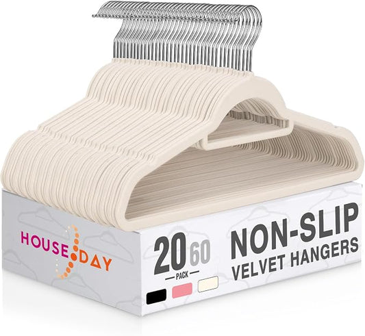 HOUSE DAY Velvet Hangers with Tie Bar 20 Pack, Non-Slip Clothes Hanger | Ivory Space Saving Felt Hangers for Pants, Coat, Suits, Shirt, Scarf, No Hanger Marks, with 360° Swivel Hook for Closet