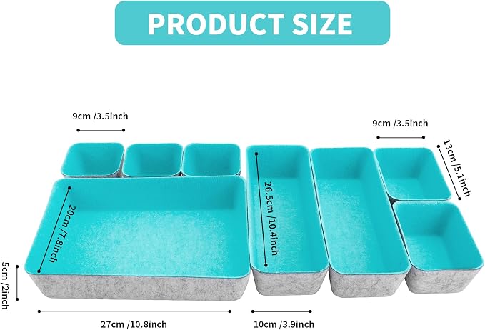 8pcs Drawer Organizers, Separators, Storage Box,Felt Storage Bins Inserts Tool Containers Toy Basket Shelf Cubes Foldable Drawer Dividers Desk Organisers- Blue&Grey