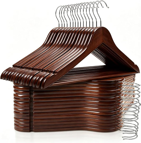 30 Pack Wooden Hangers, Solid Wood Coat Hanger with 360 Swivel Hook, Smooth Finish 17.5 Inch Clothes Hanger with Shoulder Groove for Shirts, Pants, Suits, Jackets, Dresses, Dark Brown