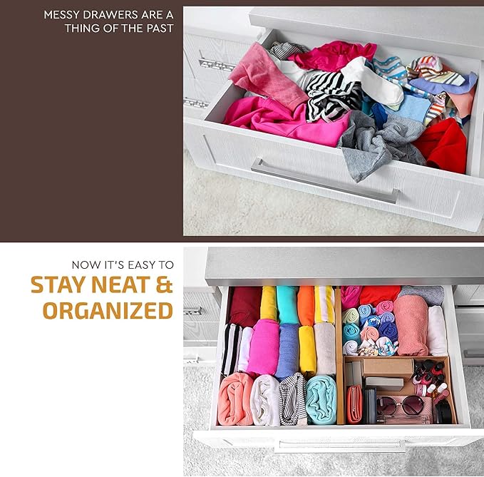 Bamboo Drawer Dividers 6 Pack - Adjustable 16-22 Inch Spring Loaded Deep Drawer Organizer Separators, 2.6 Inch High Non Slip Bamboo Dividers for Kitchen, Dresser, Clothes, Utensils, Bathroom, Office