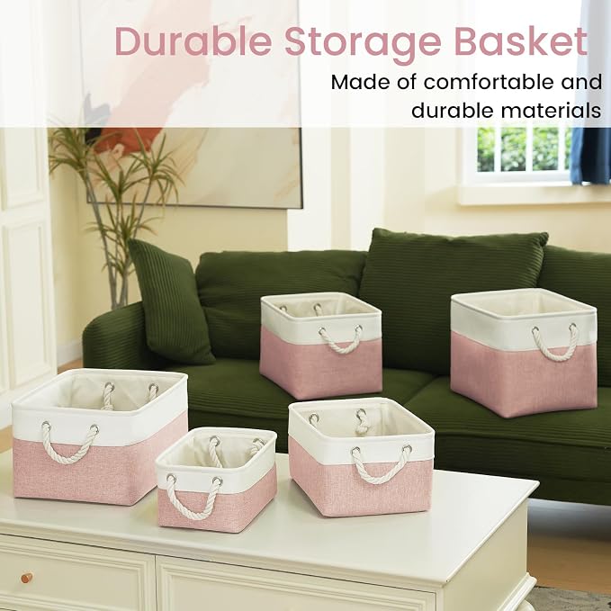 Storage Baskets for Shelves 11.8x7.9x5.2 Inch, Foldable Fabric Storage Bins with Handles, Small Storage Baskets for Organizing Closet, Office, Home Organization (3-Pack, White&Pink)