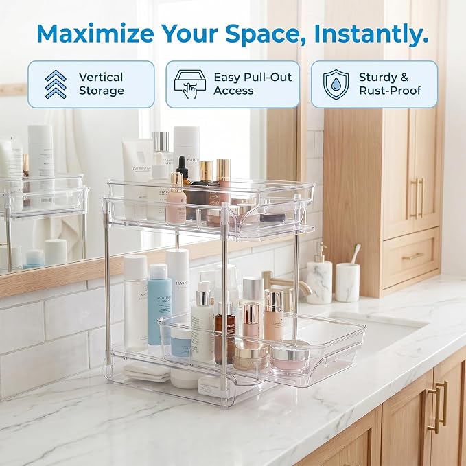 2-Tier bathroom cabinet organizer, bathroom organizers and storage with Adjustable Removable Dividers,Under Sink Organizing,Under Sink and Pull-Out Cabinet Organizer for Kitchen and Pantry Storage