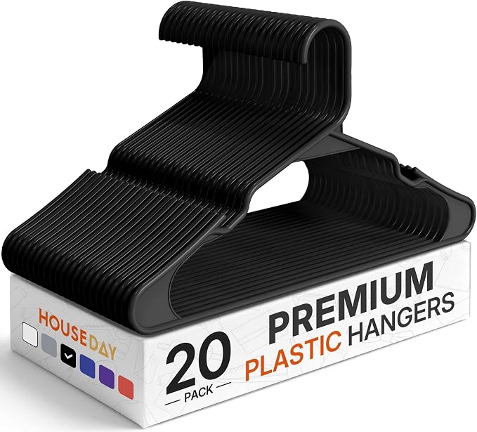 HOUSE DAY Black Plastic Hangers 20 Pack – Slim Space Saving Clothes Hangers | Durable Hangers for Shirts, Coats and Pants, Non-Slip Notches Hold Straps, Great for Closet Organization, Dorms & Apartments