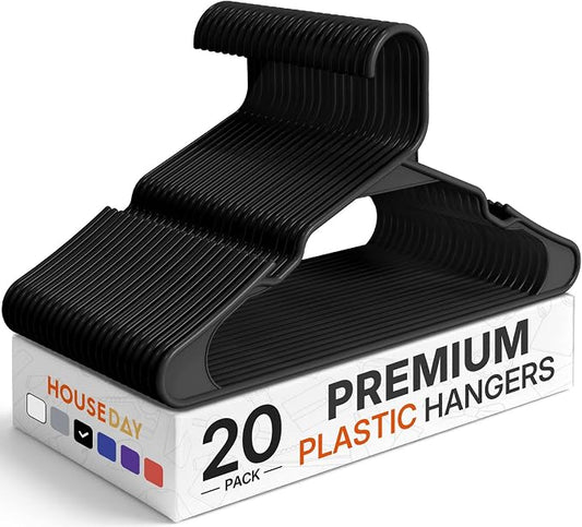 HOUSE DAY Black Plastic Hangers 20 Pack – Slim Space Saving Clothes Hangers | Durable Hangers for Shirts, Coats and Pants, Non-Slip Notches Hold Straps, Great for Closet Organization, Dorms & Apartments