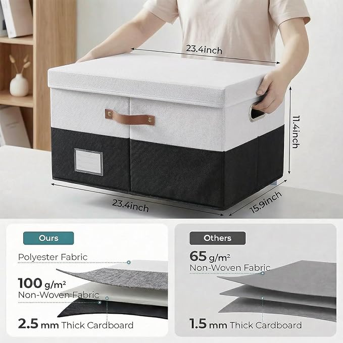 PRANDOM Storage Bins with Lids [3-Pack] Linen Fabric Foldable Storage Boxes Organizer Containers Baskets Cube with Cover for Bedroom Closet Office Grey&Black (23.4X15.9X11.4)