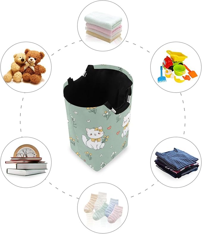 Cute White Cat with Yellow Flowers Large Laundry Hamper Basket, Collapsible Laundry Bag Storage Bins Baskets with Handles for Laundry, Bedroom, Home Decor