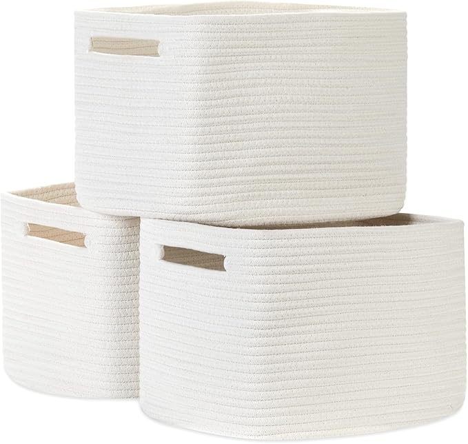 Temary Woven Storage Baskets, Set of 3 Rope Baskets for Storage Clothes, Towels, Versatile Boho Storage Bins (White, 13"x9.8"x8.5")