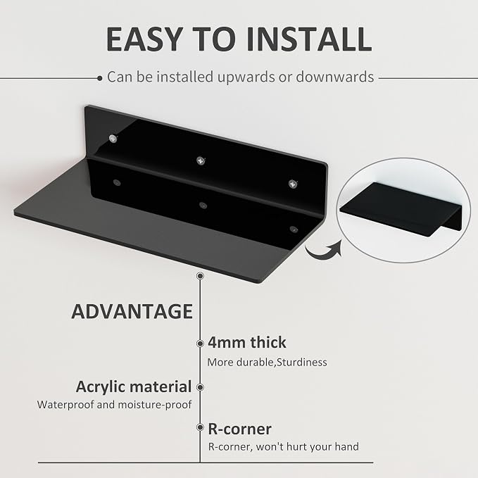 12 Inches Black Wall Shelves Set of 4, Acrylic Floating Shelf for Wall, Wall Mounted Display Shelf for Bedroom, Living Room, Funko Pop Shelves, Smart Speaker, 4 Pack