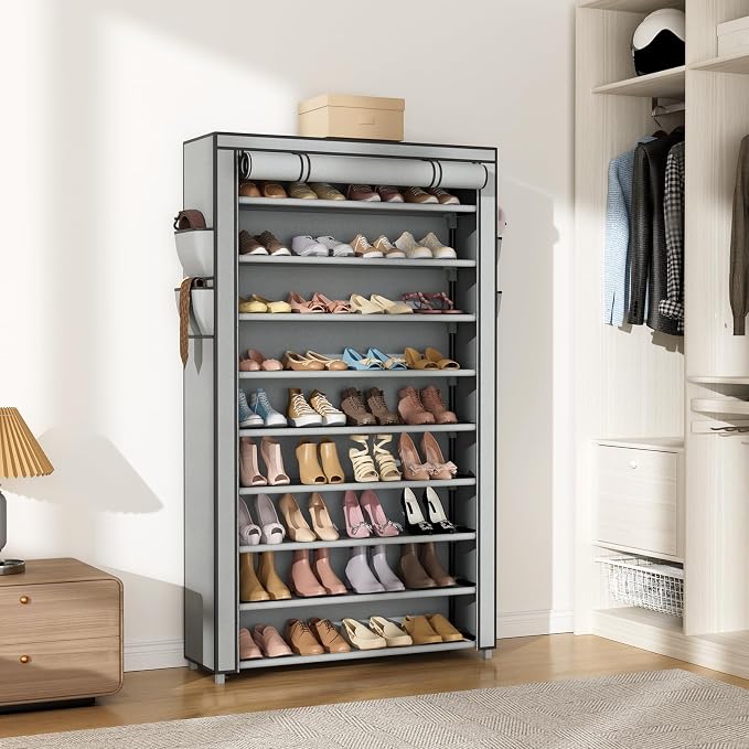 VILICK Shoe Rack with Cover Narrow Shoe Organizer with Pockets 10 Tier Tall Shoe Storage Holds 36-41 Pairs Shoes and Boots Shoe Rack for Closet Entryway Garage, Printing