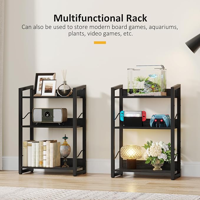 Hosfais Book Shelf Small Bookshelf - 3-Tier Wood Bookcase Industrial Bookshelf Metal Narrow Bookcase Storage Organizer Display Rack for Bedroom Living Room Home Office (Black)
