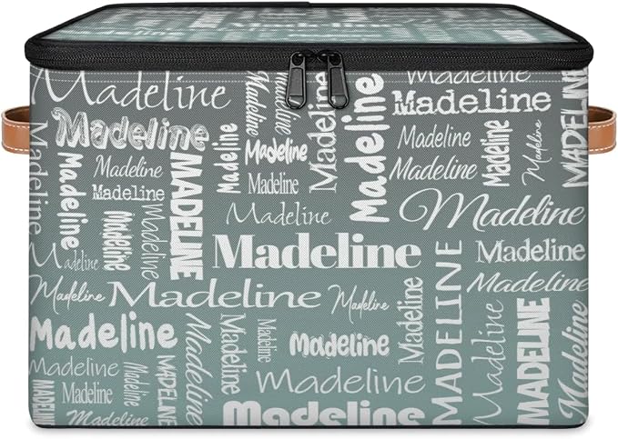 Custom Storage Basket with Name, Personalized Keepsake Box with Zipper Lid, Foldable Fabric Memory Bin Large capacity with Handle Gradient Grey Green