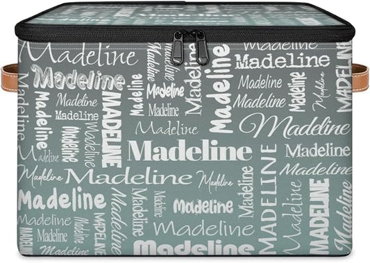 Custom Storage Basket with Name, Personalized Keepsake Box with Zipper Lid, Foldable Fabric Memory Bin Large capacity with Handle Gradient Grey Green