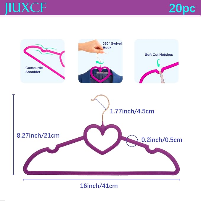 Velvet Hangers 20 Pack, 16" Non Slip Heart Hanger, 360° Swivel Rose Gold Hooks, Durable & Cute Hangers for Adult (Dark Purple)