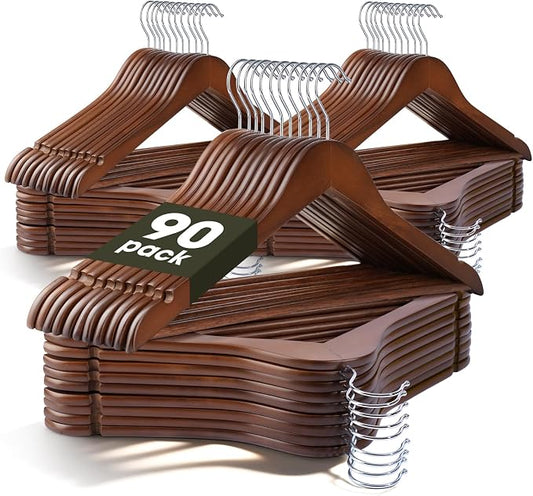 Wooden Hangers 90 Pack,Heavy Duty Solid Wooden Clothes Hangers with Pant Bar,360-Degree Rotatable Hook,Durable & Slim Wood Hangers for Coats,Jackets,Dress,Pants(Walnut)