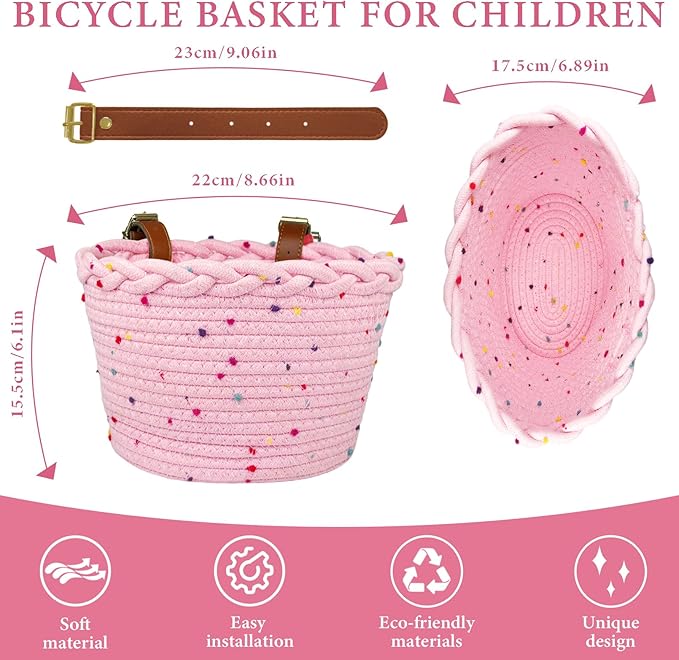 Kids Bike Basket for Girls, Front Bicycle Basket, Easy-Install Adjustable Straps for Balance Bikes Scooters
