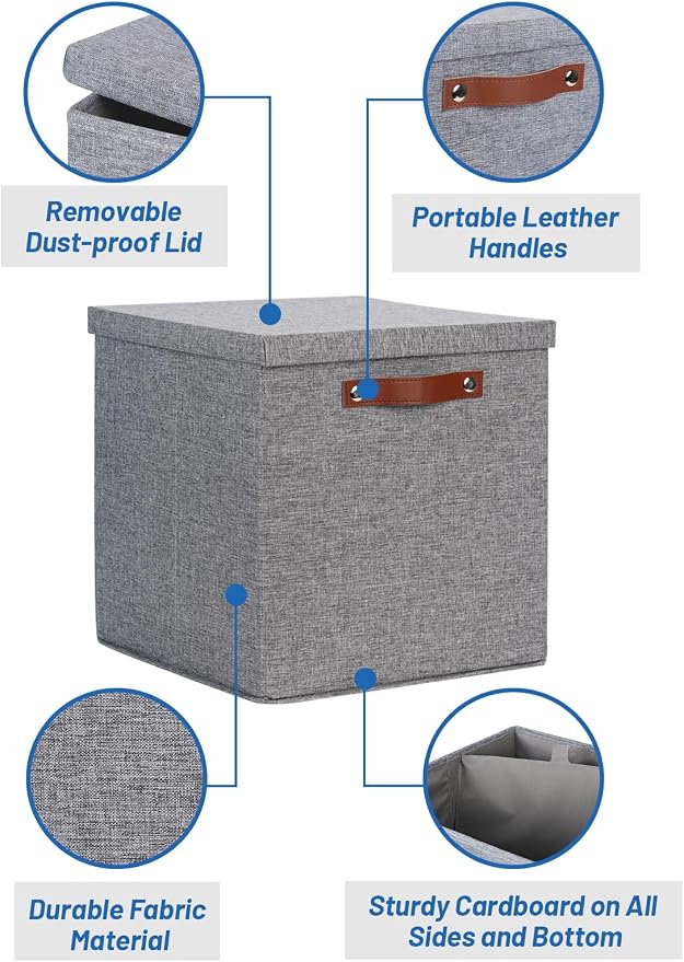 Temary Fabric Storage Bins with Lids 13 Inch Storage Cubes with Lid, Decorative Foldable Storage Boxes for Clothes, Closet Organizers (Grey, 13x13x13inch)