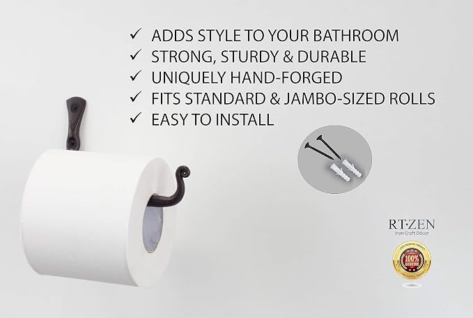 RTZEN Bathroom Toilet Paper Holder - Handcrafted Rustic Wrought Iron Wall Decor Toilet Roll Holder - Black Matte Wall Mount Bar for Modern Farmhouse Bathroom Decor