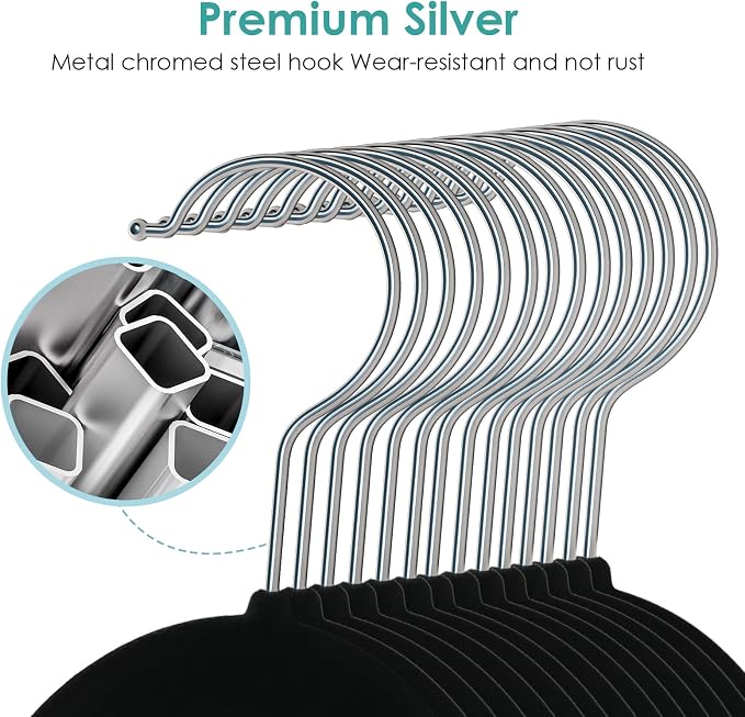 DUDUCOFU Velvet Hangers Non Slip Felt Hangers, 50 Pack Black Velvet Clothes Hangers Space Saving Slim with 360 Degree Swivel Hook for Suits Coats, Jackets, Pants, and Dress Clothes