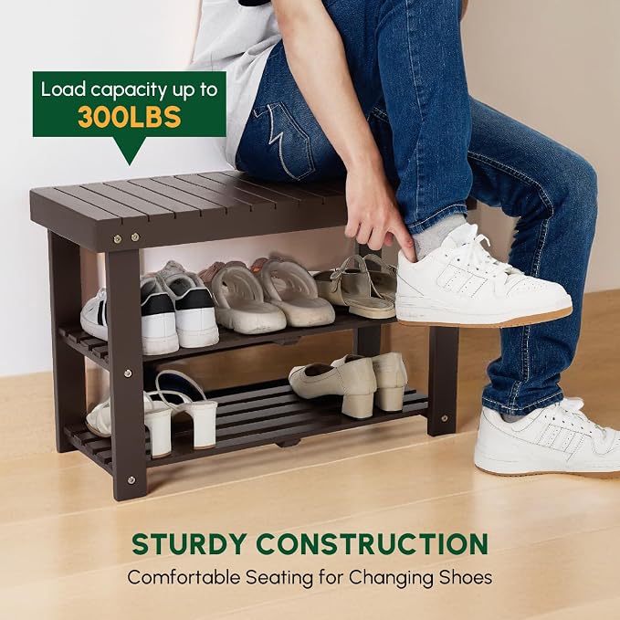 BEEFURNI Wooden Shoe Rack Bench, 3-Tier Wooden Shoe Organizer for Entryway, Aciaca Bench with Shelf, Solid Wood Shoe Storage Bench for Doorway, Hallway, Bathroom, 300 LBS, 1-Year Warranty, Brown
