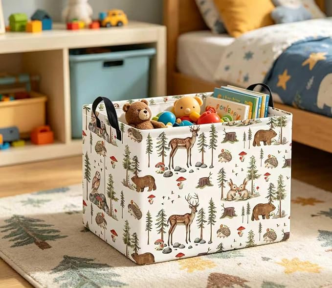 Rectangular Baby Kids Storage Basket for Home Kitchen Girls Cute Toy Storage Bin Organizer Shelf Book Room Decor(Pine Tree Animal)