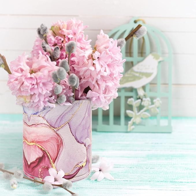 Pen Holder for Women Girls, Pencil Cup Pink Desk Decor, Makeup Brush Holder Large Pu Leather Multi-Functional Organizer Cup for Office, Classroom, Home, Colorful Marble