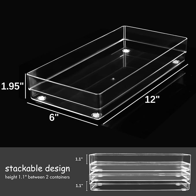 LotFancy Clear Plastic Drawer Organizer, 12’’ x 6” x 2’’, Set of 3 Drawer Storage Containers Bins for Dresser Cosmetics Makeup, Stackable