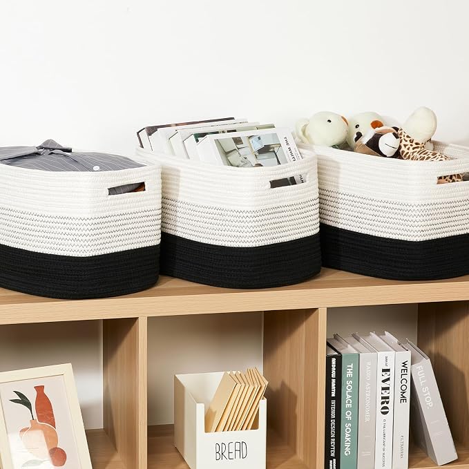 Temary Woven Storage Baskets, Set of 3 Rope Baskets for Storage Clothes, Towels, Versatile Boho Storage Bins (White&Black, 13"x9.8"x8.5")