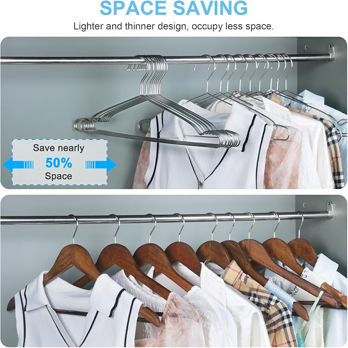 Seropy Clothes Hangers Coat 50 Pack 17.7 Inch Large Bulk Wire Hanger Non-Slip Heavy Duty Clothing Hangers Metal Space Saving Thin Stainless Steel Hanger for Clothes